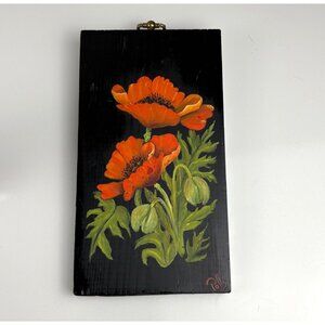 Vintage Hand-Painted‎ Orange Poppies Wooden Wall Plaque Polly Rustic Cottage